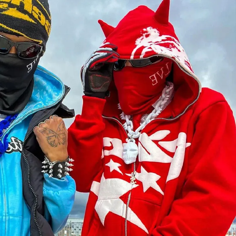 Red Graphic Print Zip Up Hoodie: Womens & Mens Casual Loose Fit