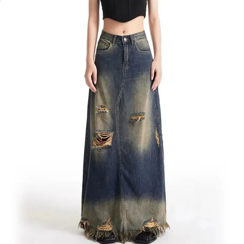 Save Big on Bulk High Waisted Maxi Denim Skirt 5Xl Oversized Hole Denim  Skirt Y2K Korean Retro Streetwear Tassel A Line Skirts Female High Waist  All