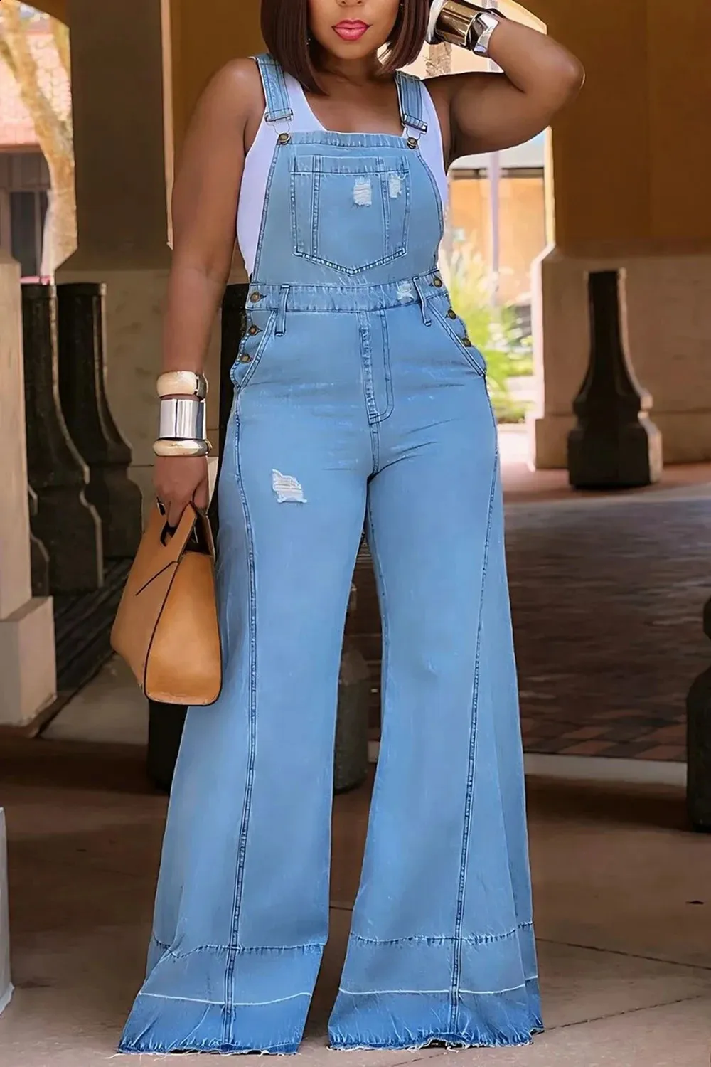 Plus Size Denim Coverall Jumpsuit - Blue Retro Style w