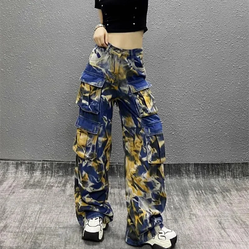 Y2K Streetwear Tie Dye Cargo Pants: Multi-Pocket Baggy Jeans