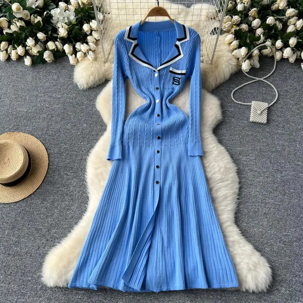 French Retro Knitted Long Dress for Women Floor-Length Single Breasted  Letter Embroidery Slim Chiffon Dress from Dhgate Basic & Casual Dresses -  price 91.49