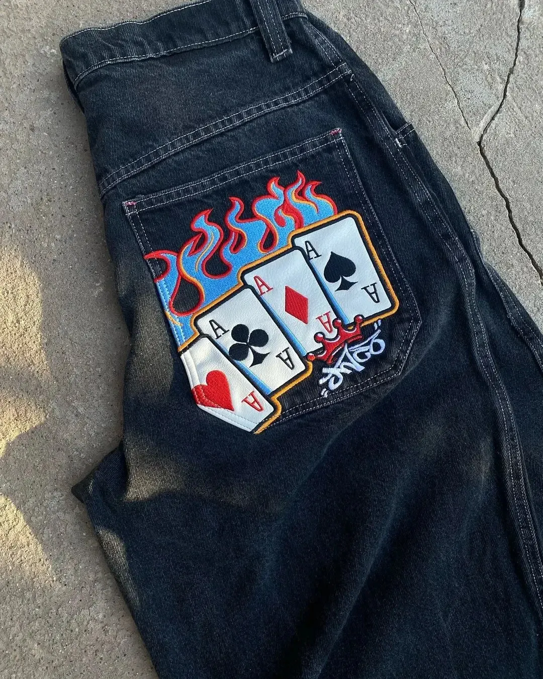 Poker Card Pattern Streetwear Jeans - Loose Fit Hip-Hop