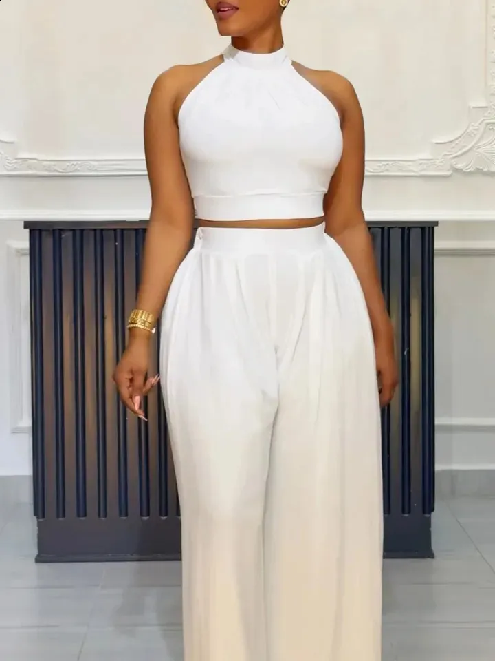 Save Big on Bulk Wide Leg Pants And Crop Top Set LW Plus Size Two Pieces  Sets Halter Neck Crop Top Wide Leg Pants Set Summer Sleeveless Crop Top  Pants