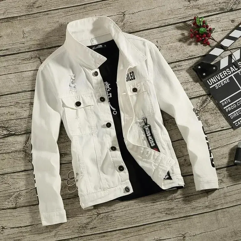Ripped Denim Jacket Men Style - Slim Fit Punk Jean Coat with