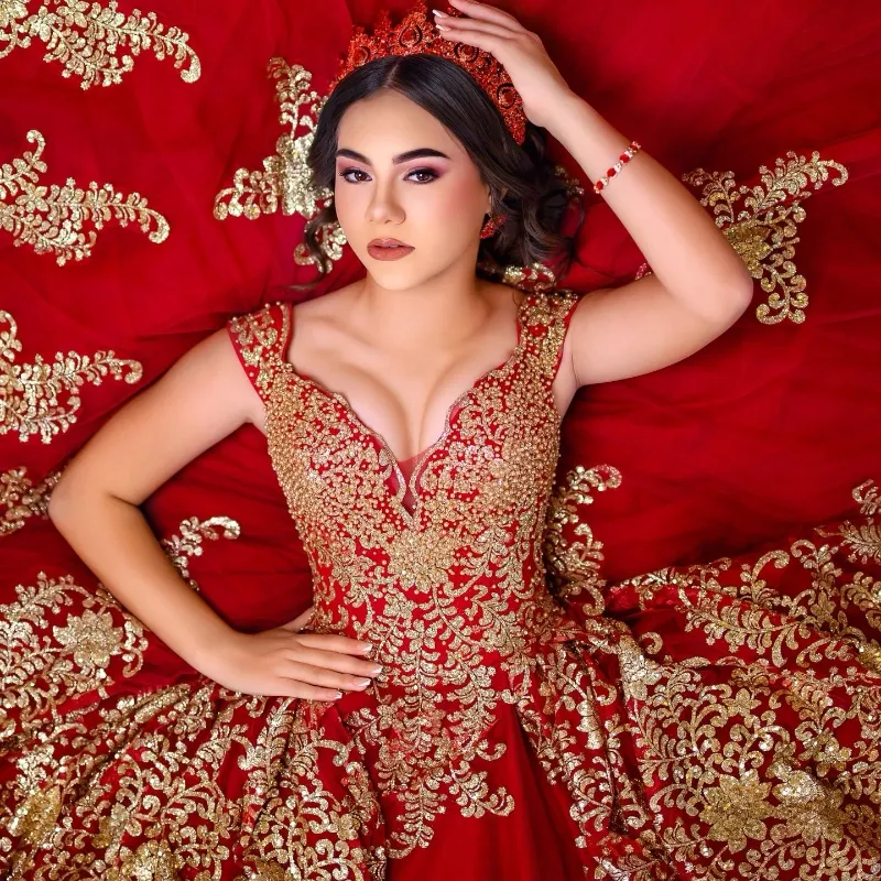 Red Off The Shoulder Gold Sequins Lace Appliques Pearl Ruffles Sweet 16 Ball Gown Dress with Sweep Train from Dhgate Quinceanera Dresses - price 699.94 Red Off The Shoulder Gold Sequins Lace Appliques Pearl Ruffles Sweet 16 Ball Gown Dress with Sweep Train from Dhgate Quinceanera Dresses - price 699.94