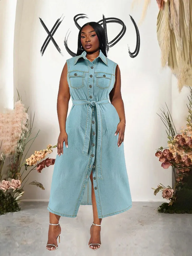 Save Big on Bulk Blue Long Sleeve Plus Size Dress Women's Casual Sky Blue  Denim Sleeveless Summer Dress With Lace Up Elegant Pretty Plus Size  Best