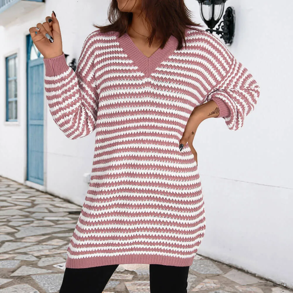 Striped Hollow Wool Knitted Dress for Women - Ins Style Autumn/Winter Collection