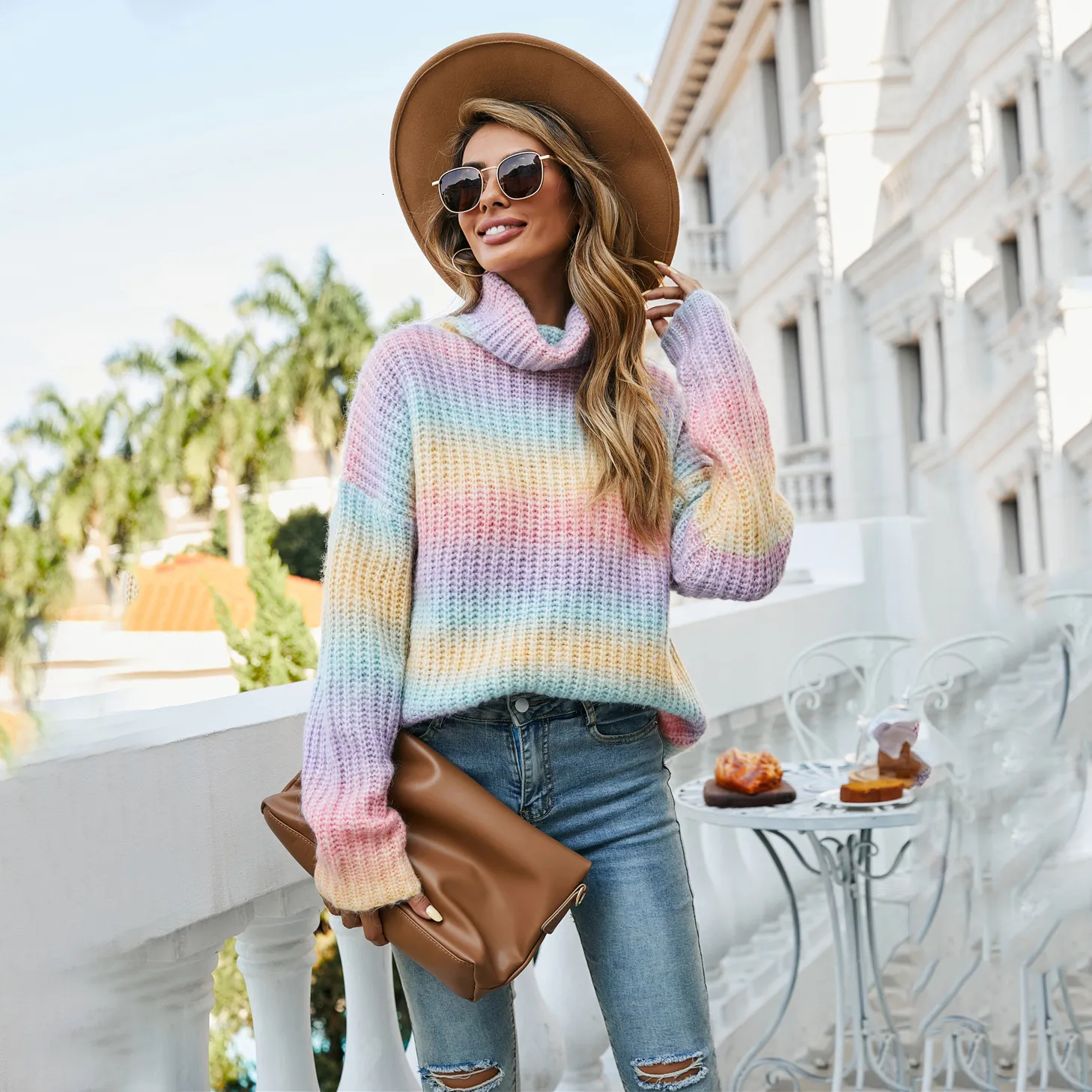 Womens Plus Size Rainbow High Neck Pullover Sweater Cozy Autumn