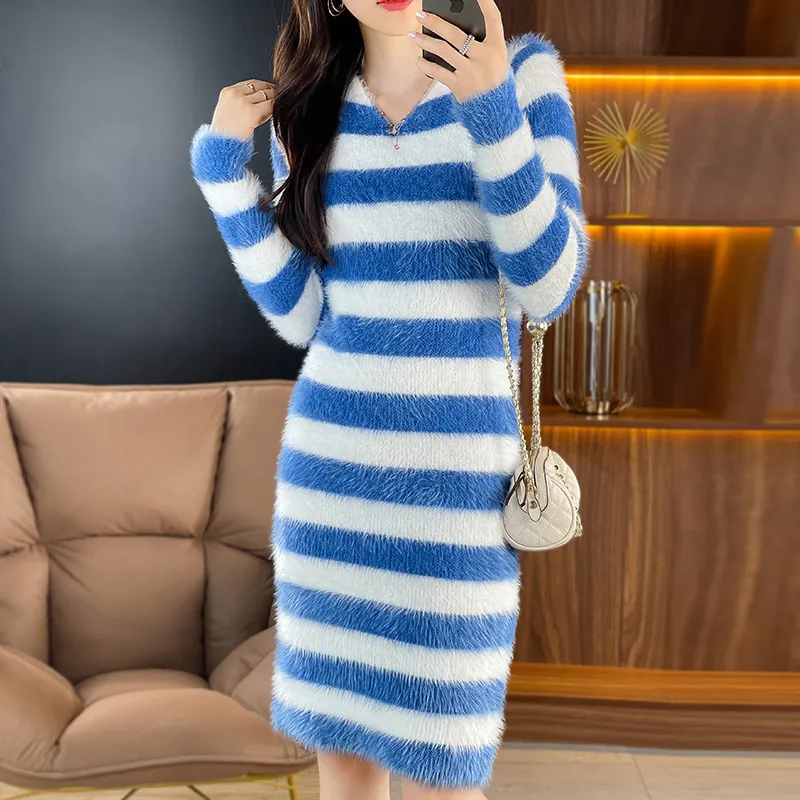 Faux Mink Fur Coat Style Knitted Dress - Autumn Winter V-Neck Loose Fit Striped Medium Length Wool Jumpsuit Skirt Faux Mink Fur Coat Style Knitted Dress - Autumn Winter V-Neck Loose Fit Striped Medium Length Wool Jumpsuit Skirt