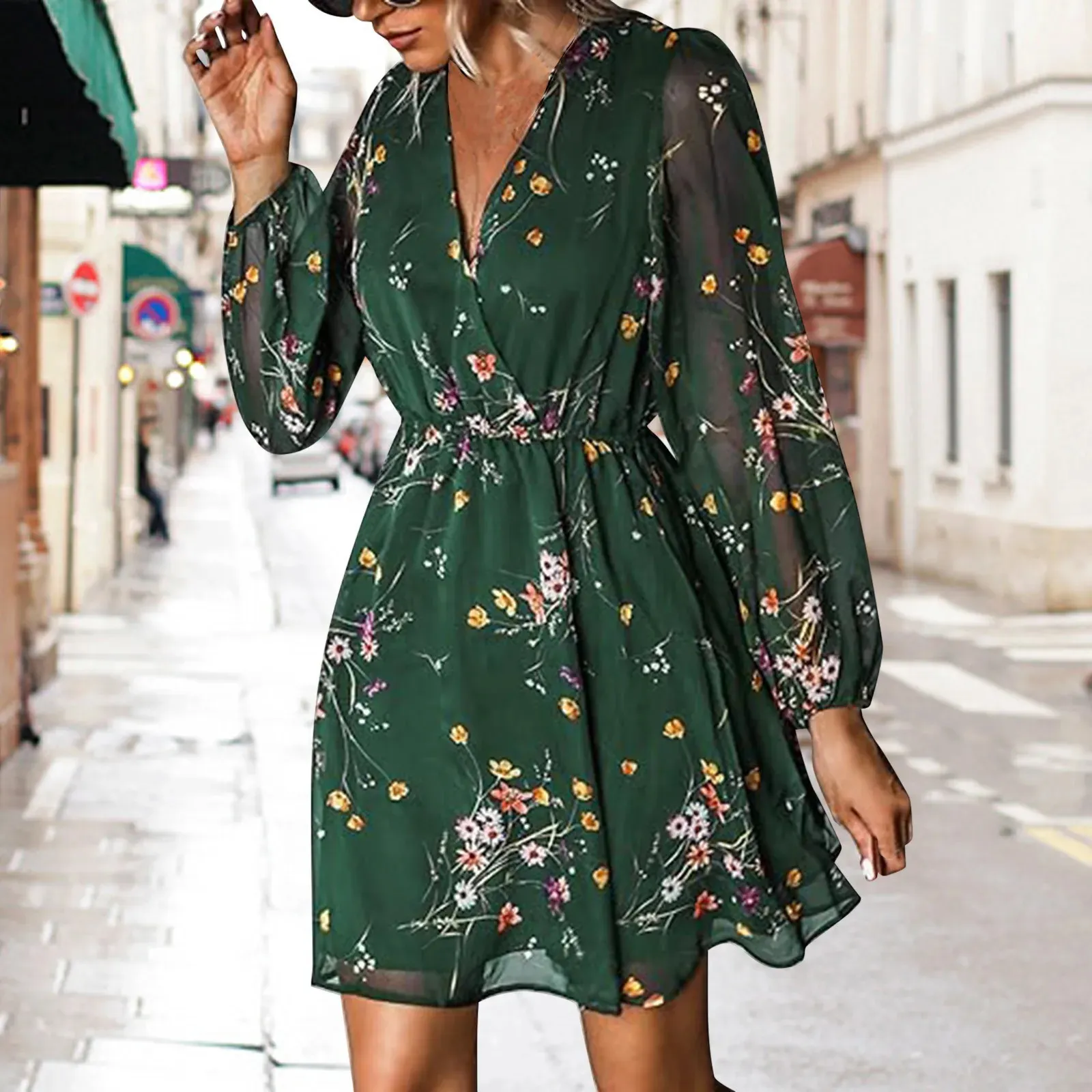 Summer Black Floral Chiffon A Line Mini Dress Woman Sexy V