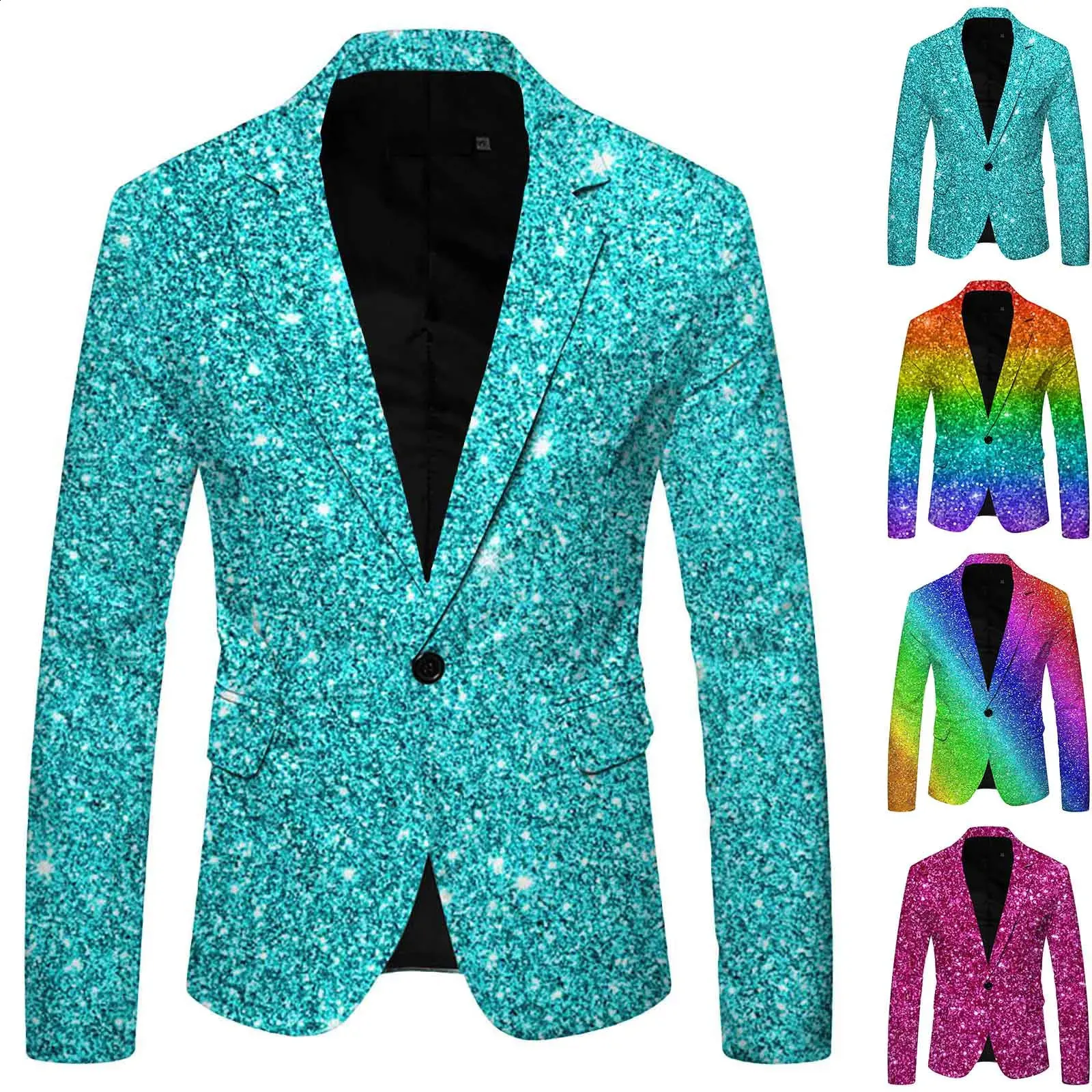 Men's 3D Sequin Suit with Printed Lapel Buttons