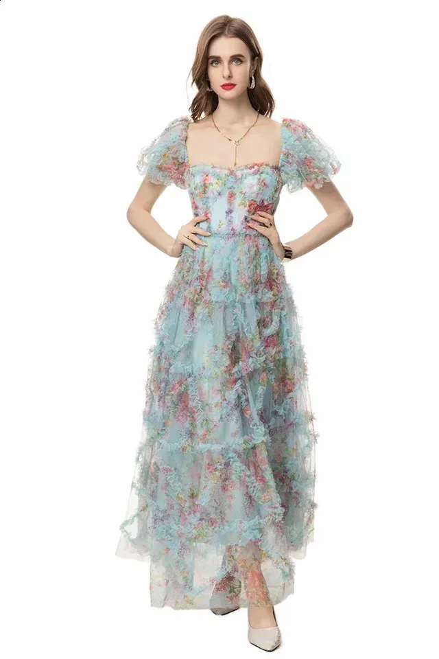 Chiffon Ankle Length Dress Women Small Floral Print Net Yarn Lace Puff  Sleeve Floor-Length Dress with Zipper Closure from Dhgate Basic & Casual  Dresses - price 383.32