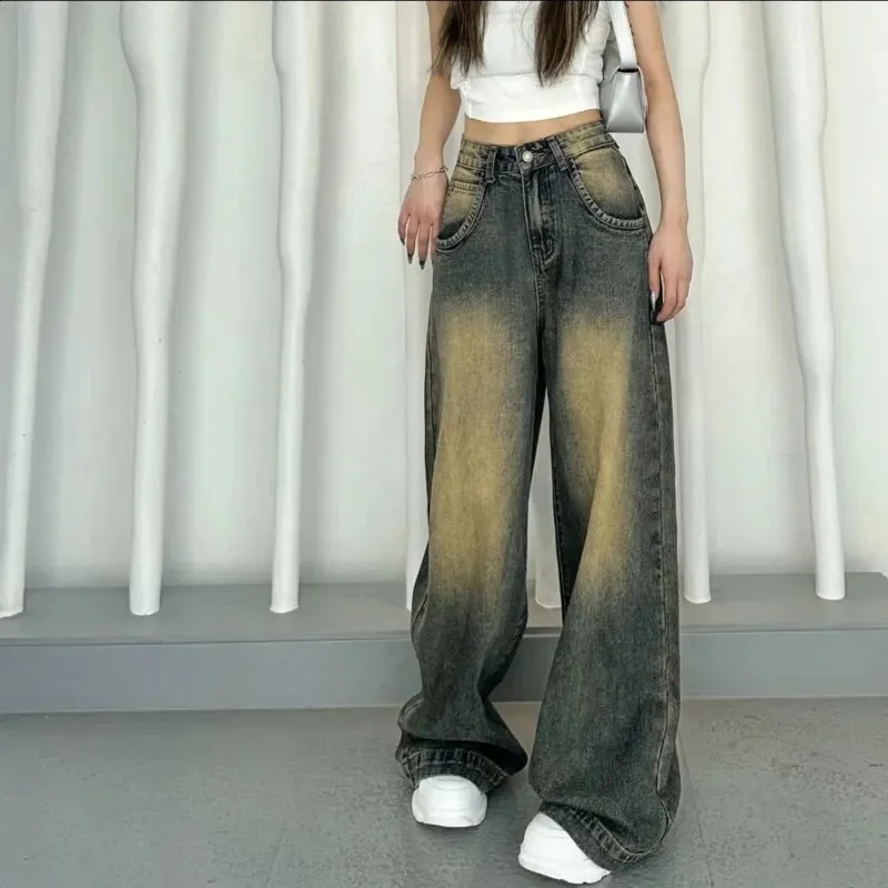 【BAON】Kegob Summer Denim Wide Pants Women's Mid Rise Bucket Wide Leg Vintage Jeans Y2k Boyfriend