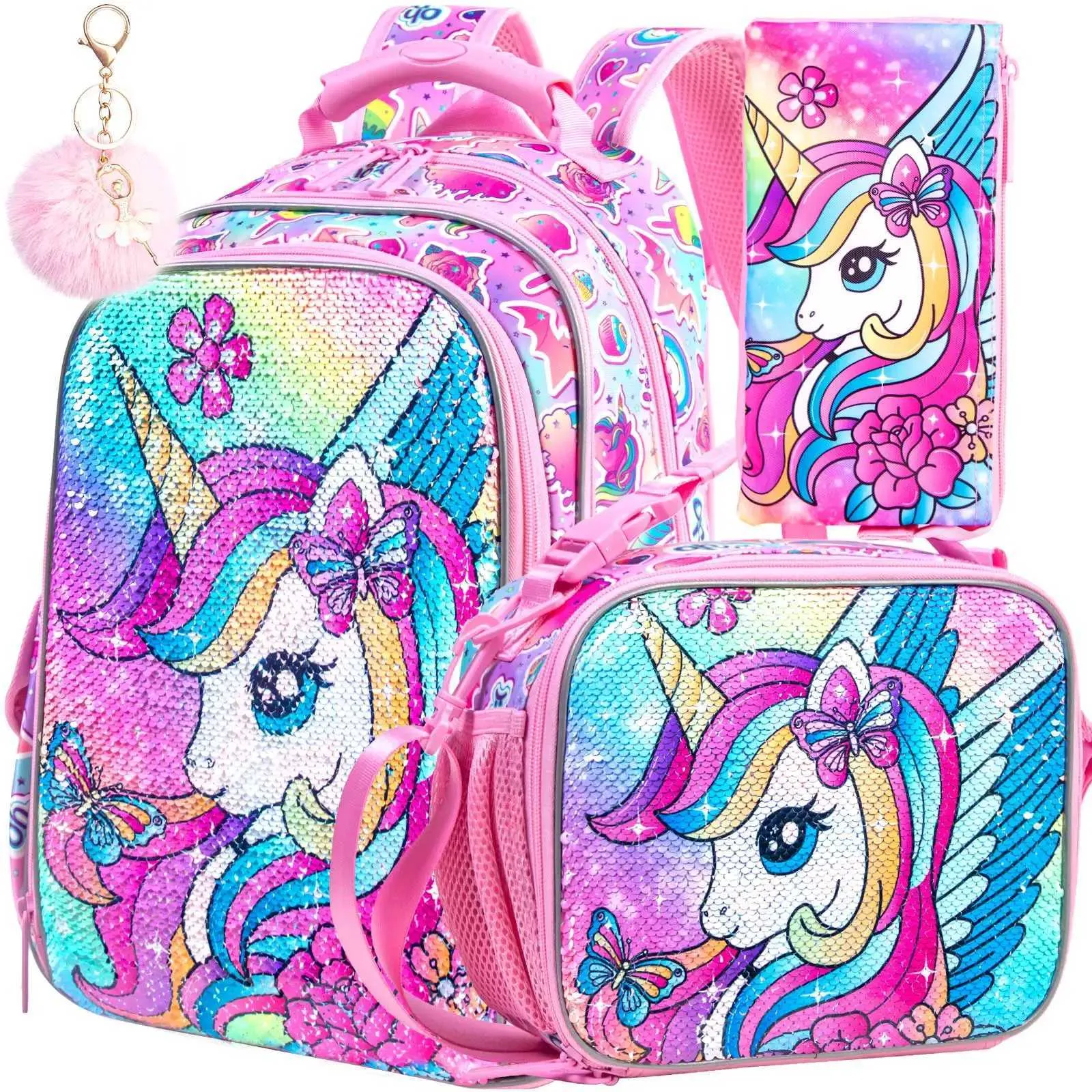 Unicorn Backpack For Girls 16 Sequins Bookbag With Lunch BoxKids
