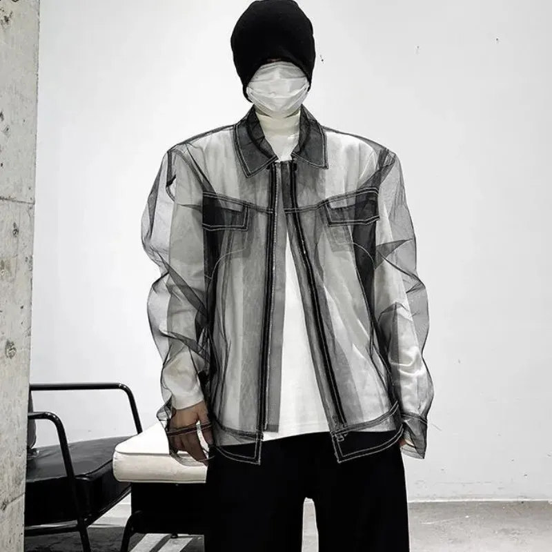 ジャケット・アウター meagratia see through BL Bugilaku Korean Style Mens Hooded Zipper Acetate Jacket for Spring