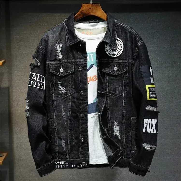 High-Quality Men's Torn Hole denim jean jacket with