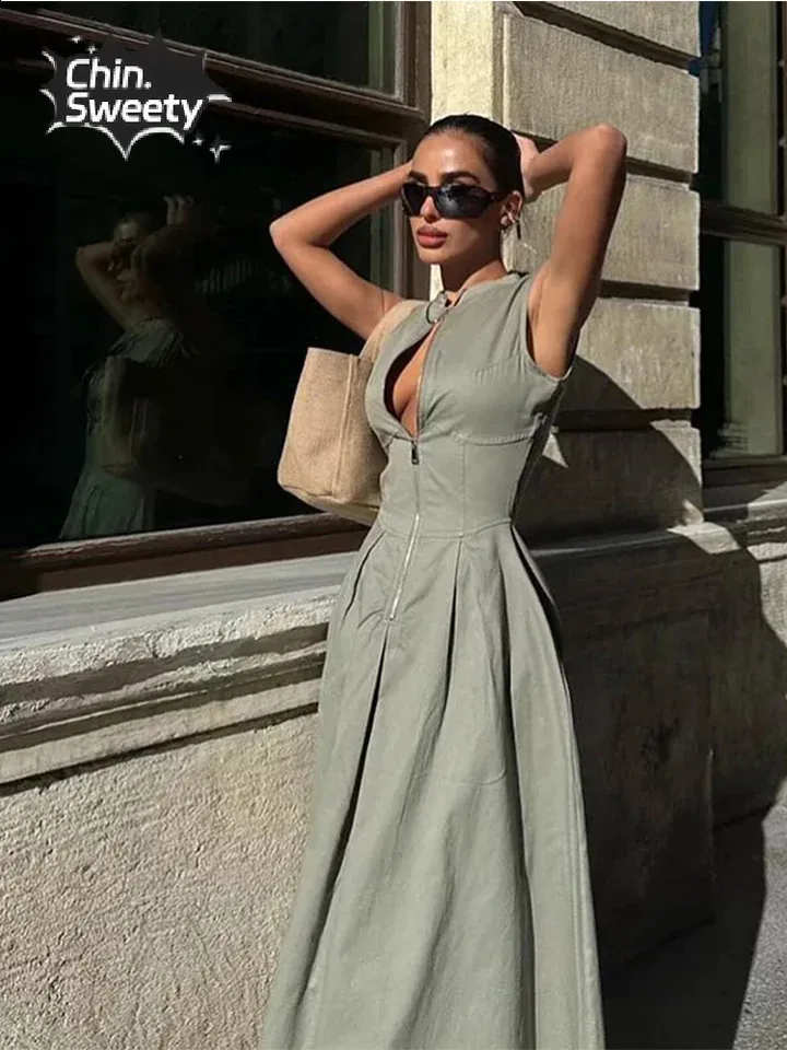 Womens Sleeveless V Neck Zipper Dress Casual Chic, Vintage Style, Perfect  For Commute Or High Street From Sereinstore, $27.61 In Bulk | DHgate.Com