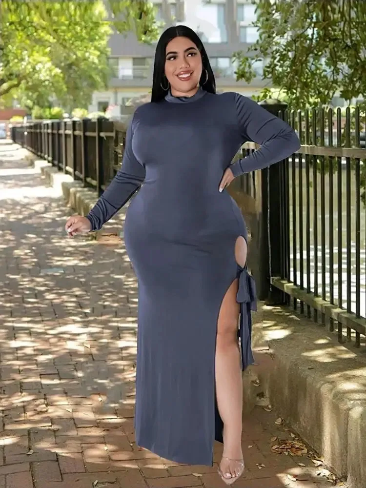 Long Sleeve Maxi Casual Dress With Slits Elegant Womens XXL Long