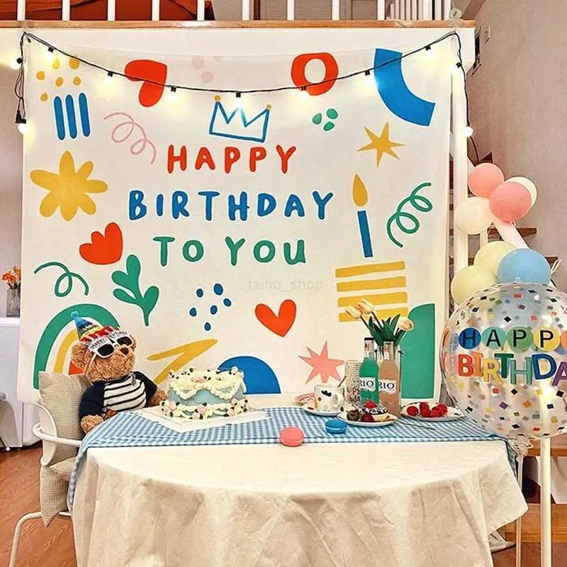 Kawaii Happy Birthday Nursery Tapestry Wall Hanging Cloth Wall Decoration For Children's Room ...