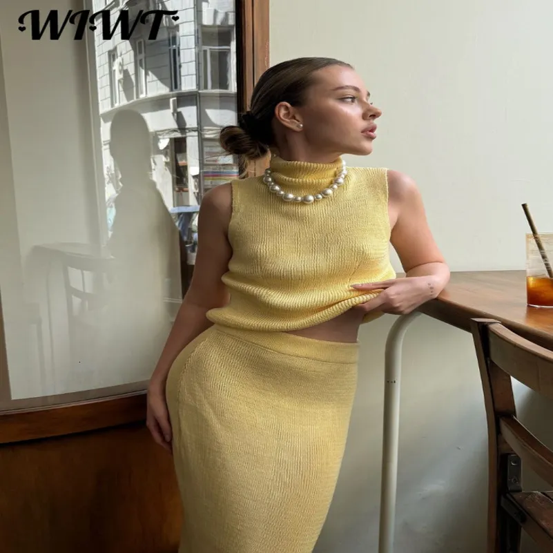 Slim Knit Sweater Vest Skirt Outfit Elegant Autumn Sleeveless Turtleneck  Set Shop Now!