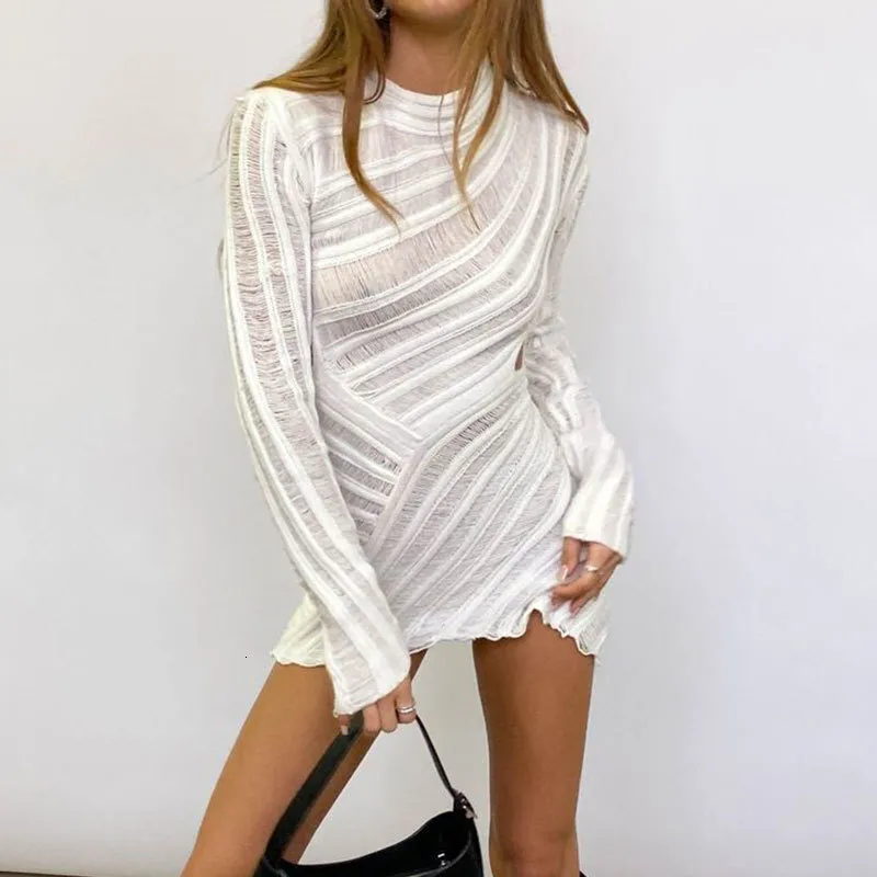 Women's Knitted Beach dress with Long Sleeves, Hollowed Out Hip Hugging and Tight Fitting