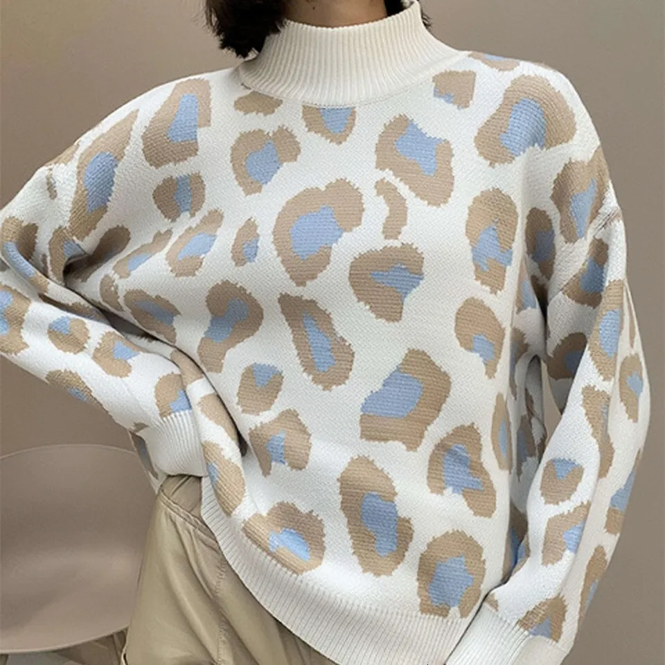 Leopard Pattern Sweaters Leopard Print Knit Pullover - Semi High Neck, Long Sleeved Autumn ...