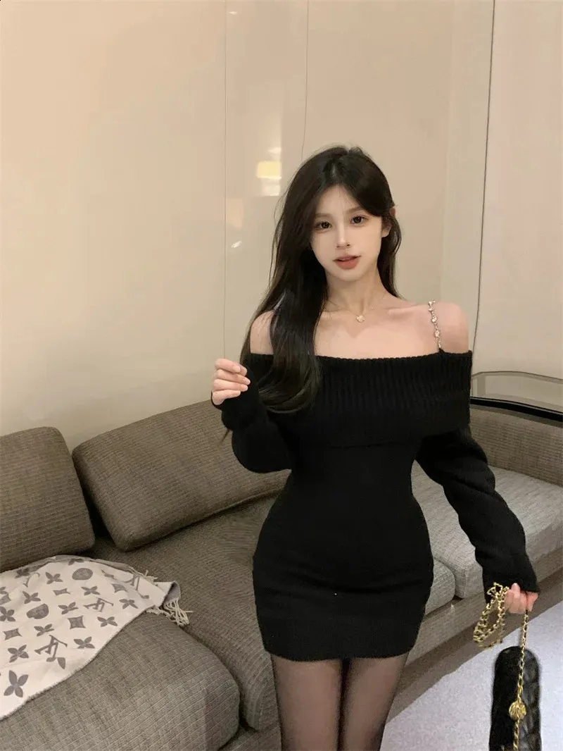 Product Title: Slim Knit White Sweater Dress with Straight Slash Neck and Short Chains for Spring and Winter - Style 240809Product Description:This