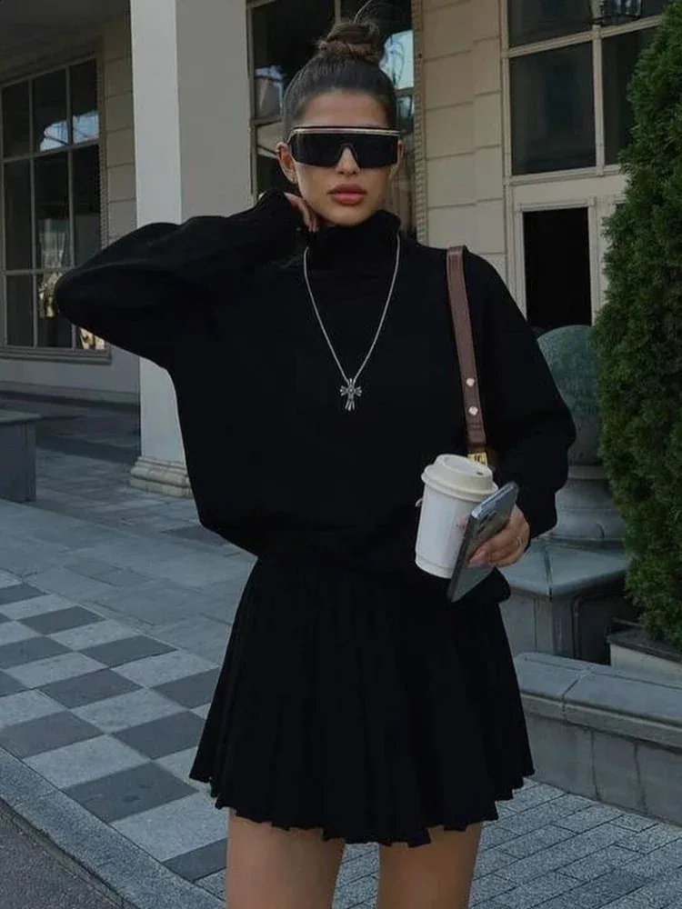 Black Turtleneck And Skirt Plaid Pleated Skirt How To Wear Plaid Midi Skirt  Plaid Skirt With