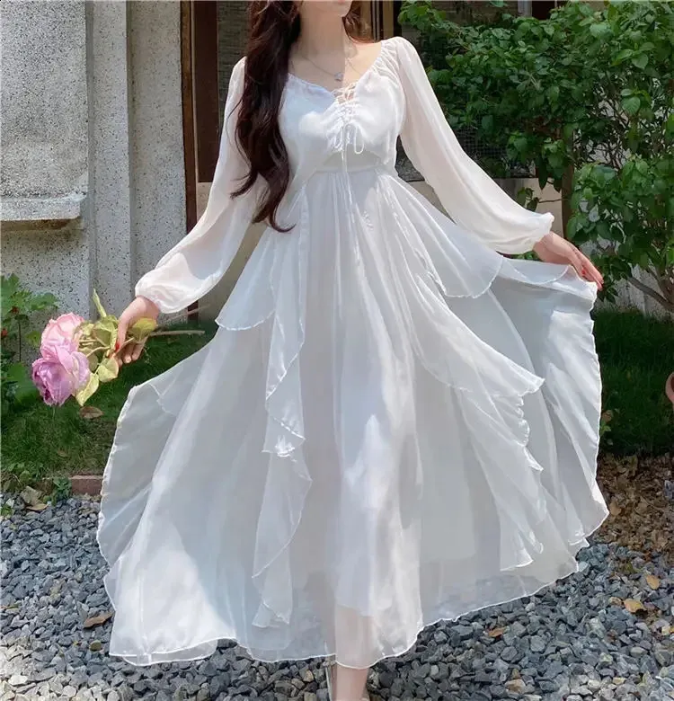Summer Women Long Floor-Length Chiffon Suspender Dress with Ruffles White  Apricot from Dhgate Basic & Casual Dresses - price 79.9