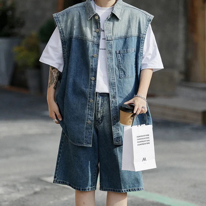 Denim Vest Mens Set: Cotton Sleeveless Top Shorts, Blue Jean