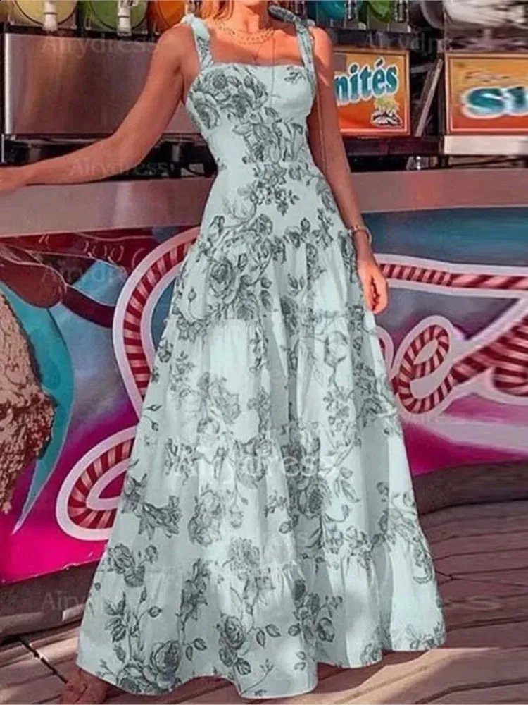 Flower Printed High Waist Maxi Dress for Women - Spaghetti Straps, Large Skirt, Hemline - Perfect for Summer Boho Beach Parties (240810)