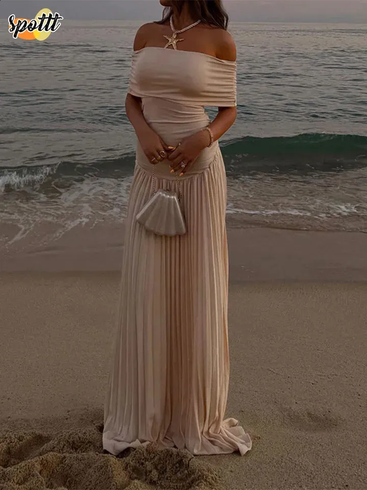 Women s Elegant Boat Neck High Waist Pleated Maxi Dress