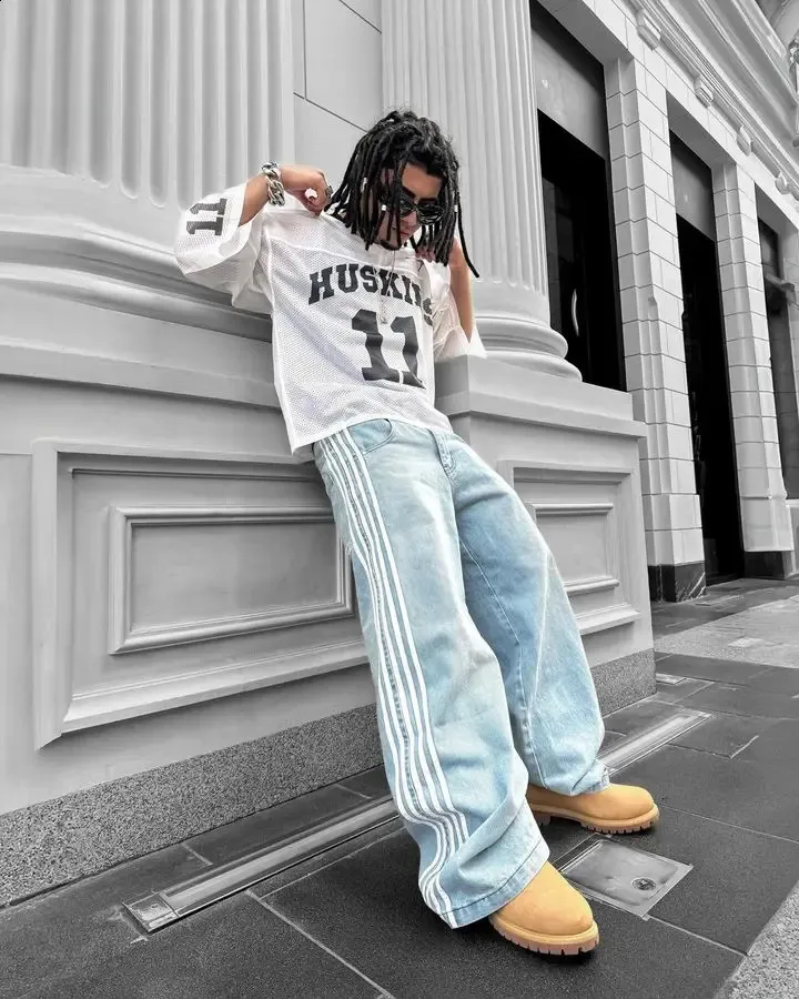 Y2K Baggy Jeans: Harajuku Striped High Waist Pants - Classic Light