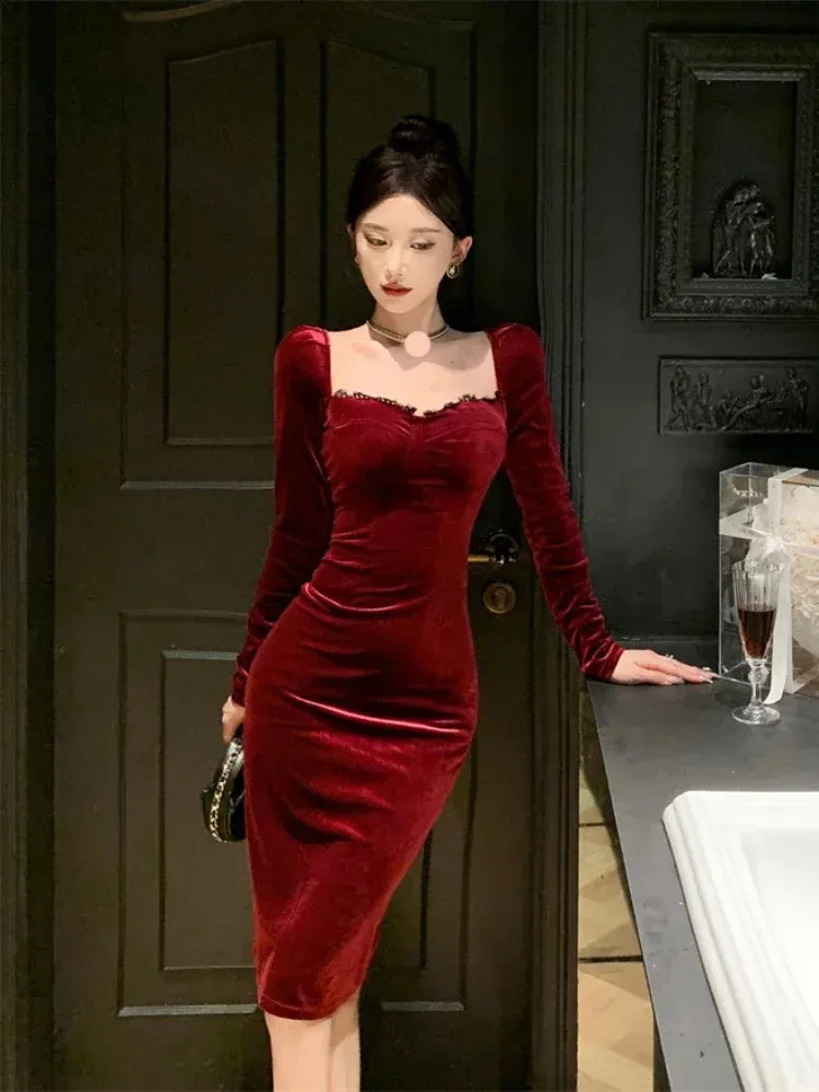 knee length dresses for ladies Velvet V-Neck Long Sleeves – KF Bridal