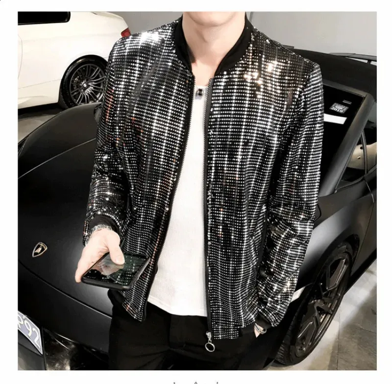 Y2K Mens Fashion Sequin Bomber Jacket: Long Sleeve Glitter Zip Up