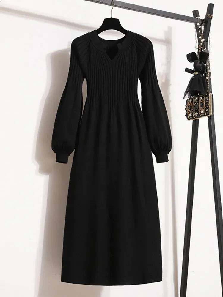 Elegant Lantern Sleeve High Waist A-Line Knitted Plus Size Sweater Dress for Office Ladies