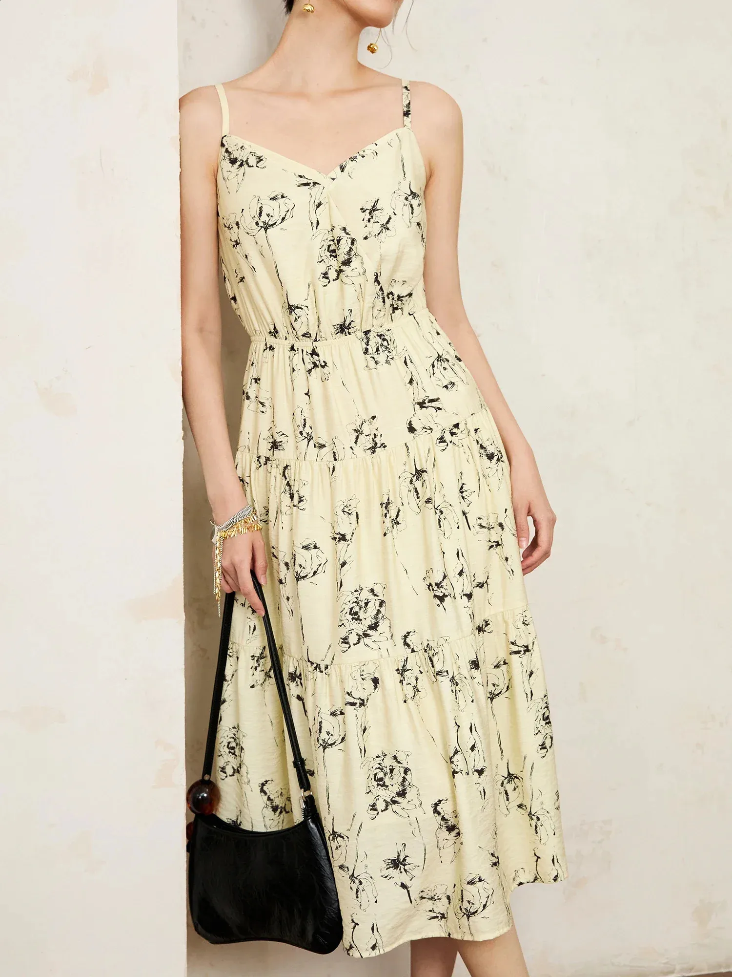 DUSHU Women's Beige Strappy Long dress - Chinese Style Print, X-LINE Sleeveless dress for Autumn (24DS83131 240810)