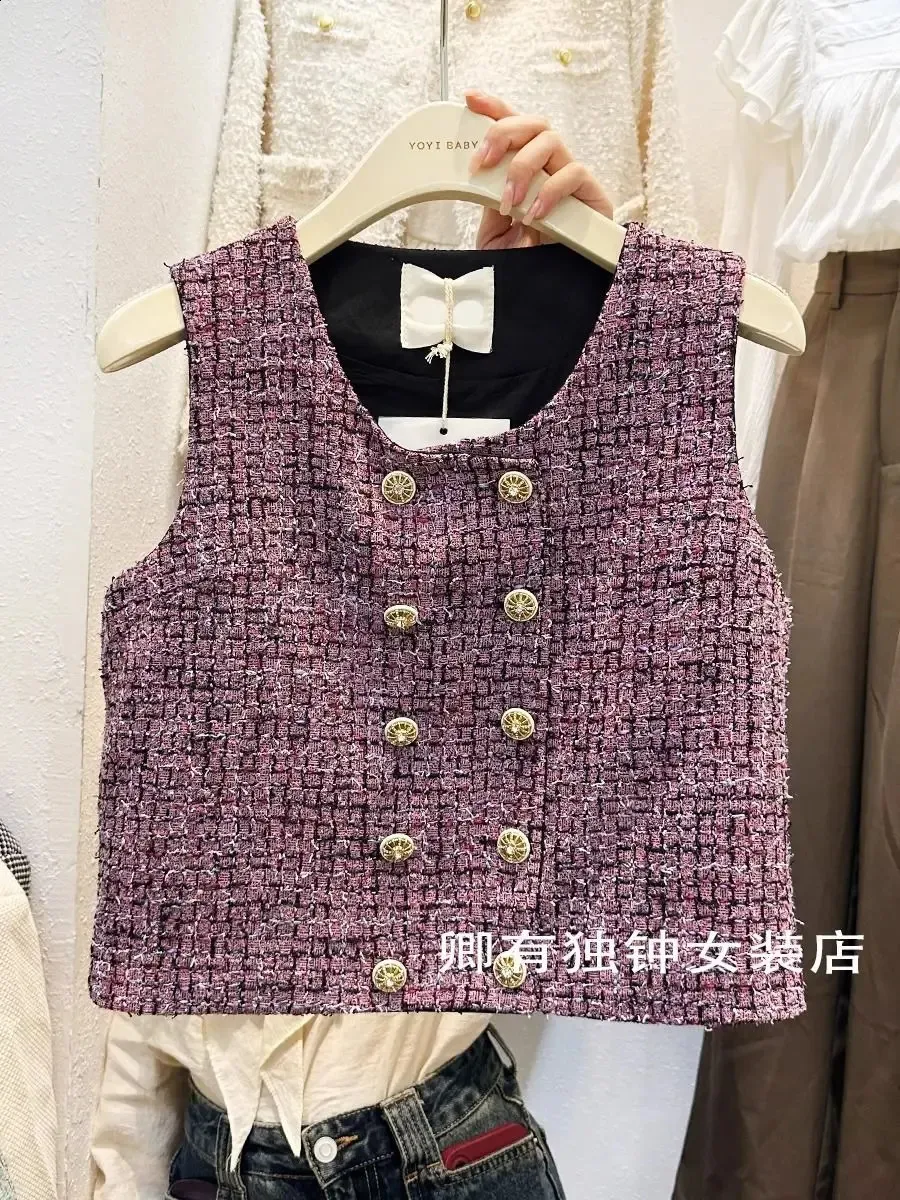 Chic Tweed Double Breasted Vest: Womens Sleeveless Round