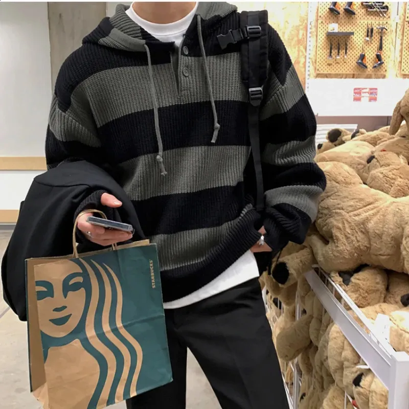 Suéter Con Capucha A Rayas De Otoño Para Hombres Estilo Coreano