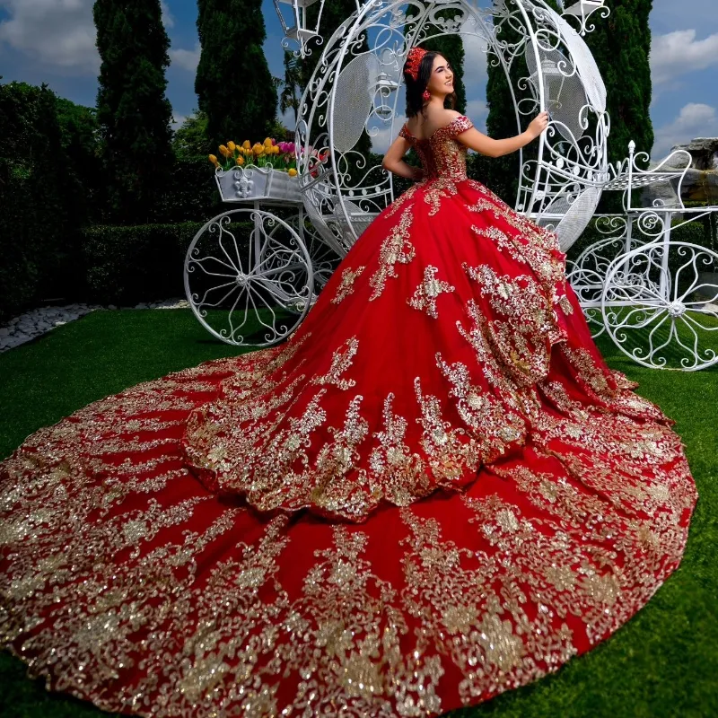 Red Off The Shoulder Gold Sequins Lace Appliques Pearl Ruffles Sweet 16  Ball Gown Dress with Sweep Train from Dhgate Quinceanera Dresses - price  699.94