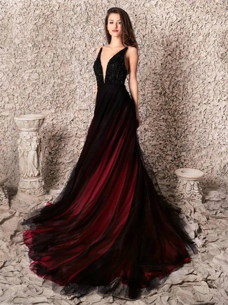 Backless A-Line Wedding Dress Black and Wine Red Tulle Gown with Lace  Applique and Court Train from Dhgate A-Line Wedding Dresses - price 149.55