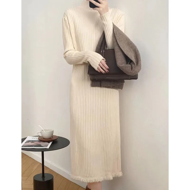 long knitted dresses Dark Green Knitted Long Sleeve Midi Dress main image 0