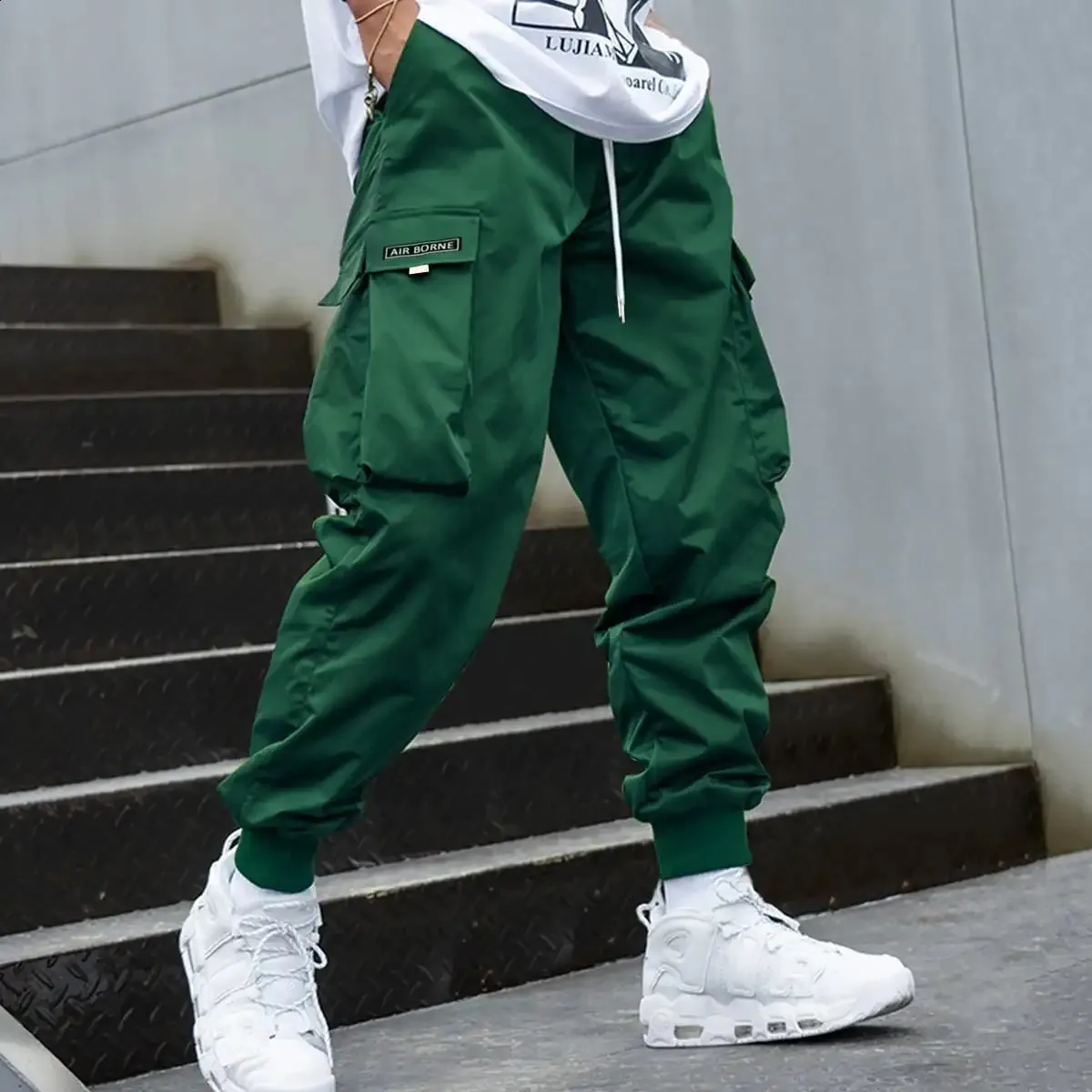 Mens Cotton Drawstring Pants - Multi Pocket Cargo Pants with