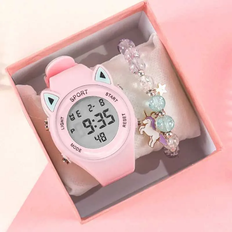 Kids Cat Ear Watch Unicorn Bracelet Set Fun Silicone Watch,  Multi-Functional Sports Watch for Girls, Electronic Timepiece Gift