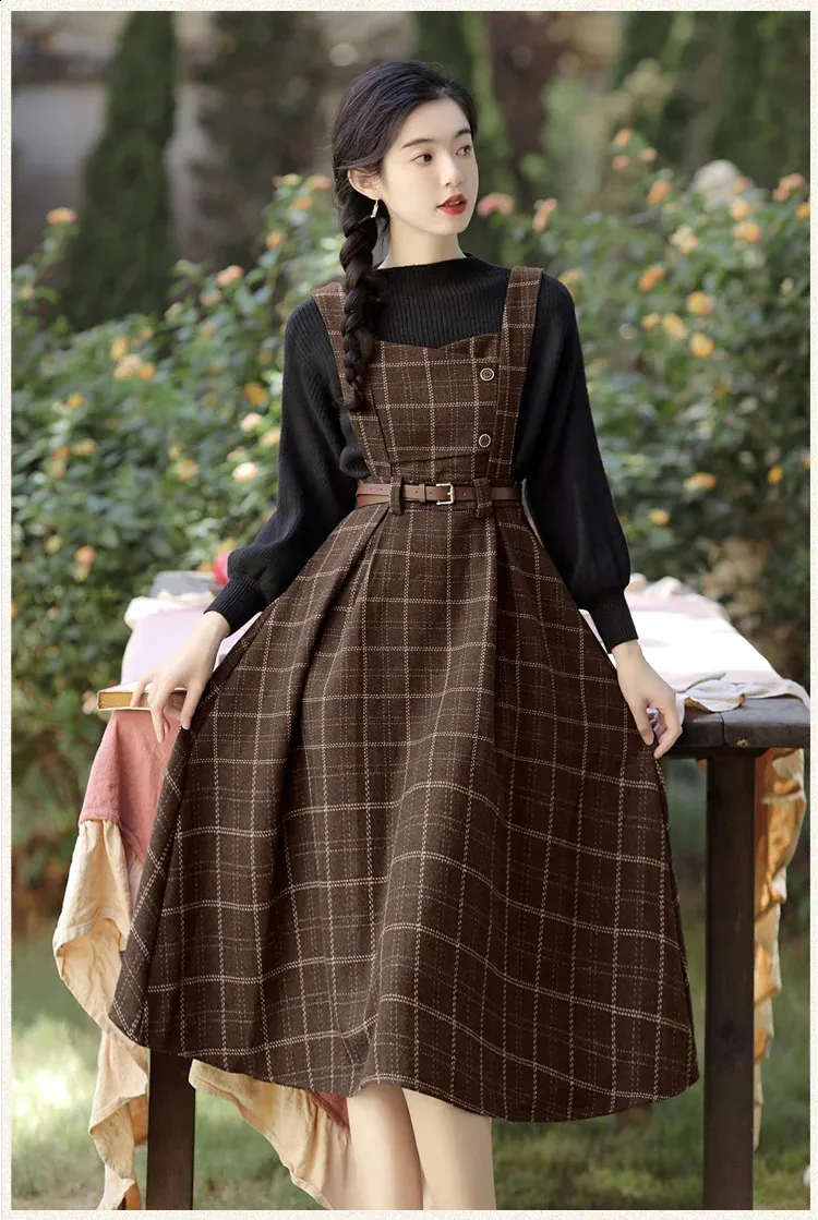 Retro Plaid gingham dress for Women - Spaghetti Strap Wool Long gingham dress with Elegant Party Vest for Autumn and Winter (240904bj) Retro Plaid gingham dress for Women - Spaghetti Strap Wool Long gingham dress with Elegant Party Vest for Autumn and Winter (240904bj)