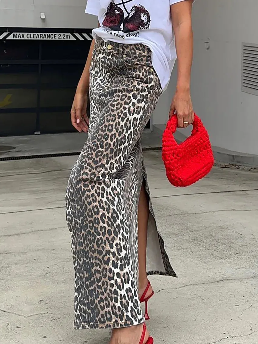 【BAON】Maidi Cut Long Skirt Chiffon Skirt Maxi Womens Leopard Print Straight Skirt, High