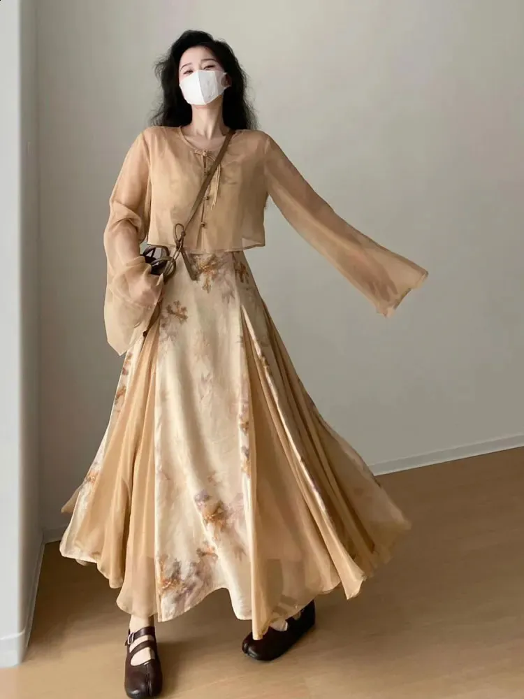 Floral Printed Square Collar Camisole dress Set with Coat - Style for Women's Summer Party and Evening Wear - Plus Size 3XL (240810)
