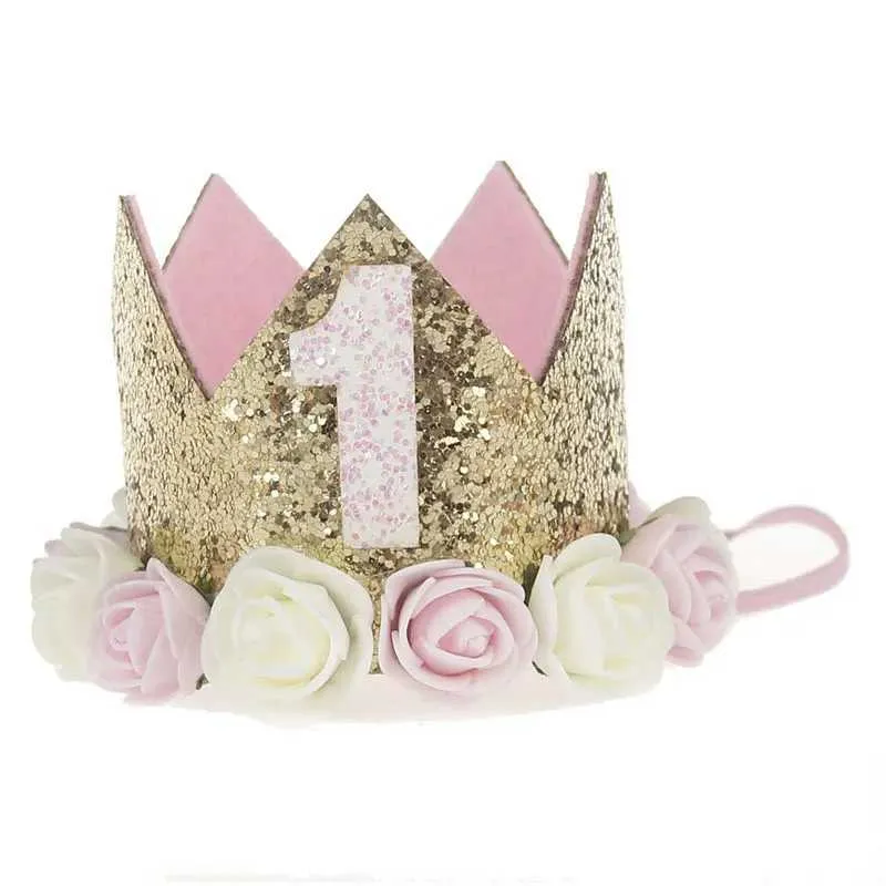 2-Pack Birthday Hats For Babies - Pink Sequined Tiara Headbands For Newborn Photos & Parties