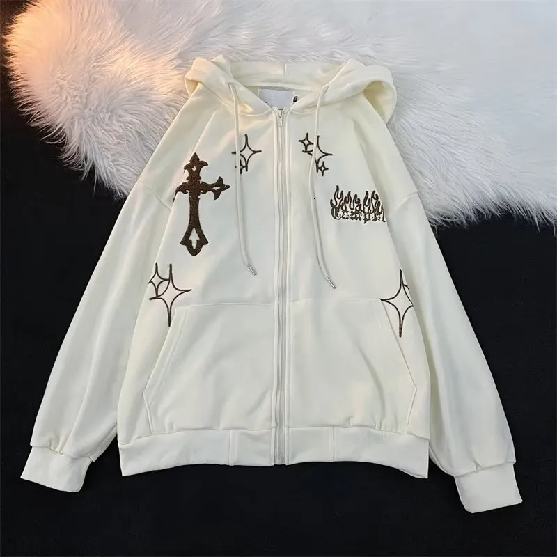 Versatile Embroidered Cross Flame zip up hoodie for Men