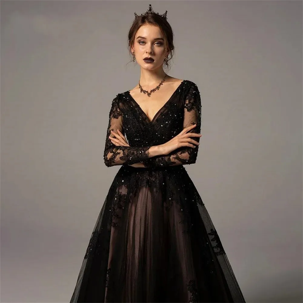 Spandex Black gown for wedding with V-Neck, Button Back, and Sweep Train